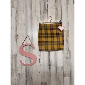 Popular 21 Plaid Mini Skirt Size S Mustard Yellow Stretch Bodycon Fall Y2K  NWT